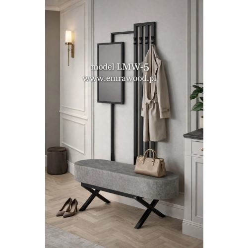 Ławka Do Przedpokoju Z Wieszakiem I Lustrem Metalowa Siedzisko Tapicerowane Stal LMW-5